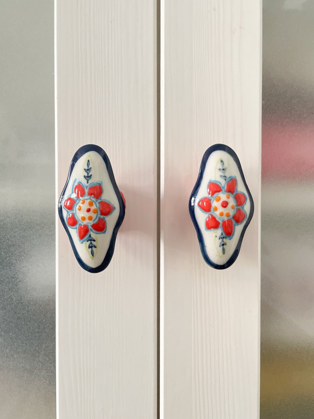 Handpainted Floral Ceramic Knobs Drawer Cabinet Pulls - blue, red, orange, white